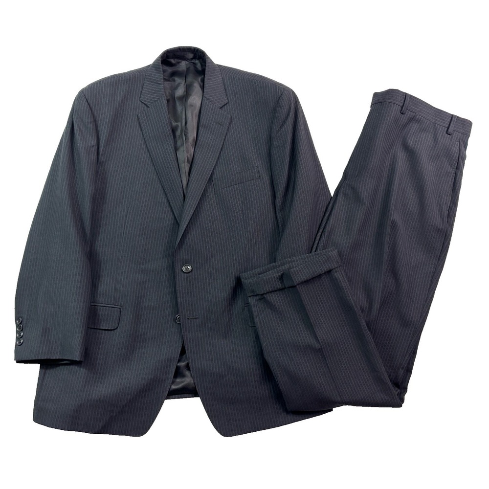 Calvin Klein 44R‎ 40x30 Charcoal Blue Stripe 2pc Pant Suit 100% Wool Cuffed Mens